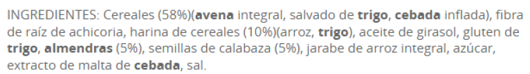 Ingredientes del alimento Cereales de desayuno All Bran Prebiotic Granola. Almendras y semillas de calabaza - imagen - Badali