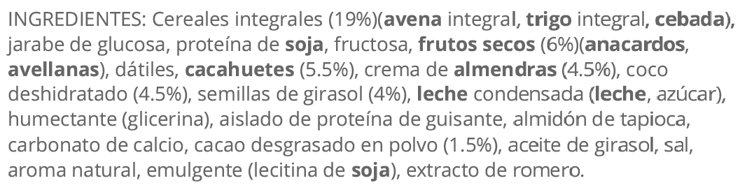 Ingredientes del alimento Barritas de cereales Special K Protein Chocolate, Coco & Anacardo - imagen - Badali