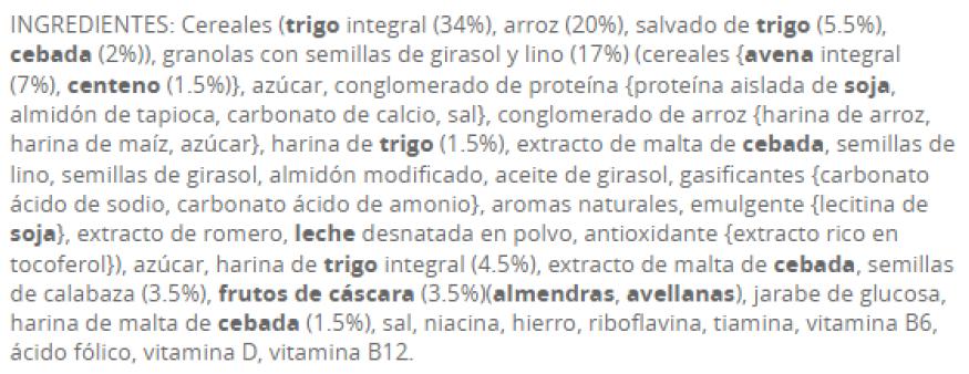 Ingredientes del alimento Cereales de desayuno Special K Protein Frutos Secos - imagen - Badali