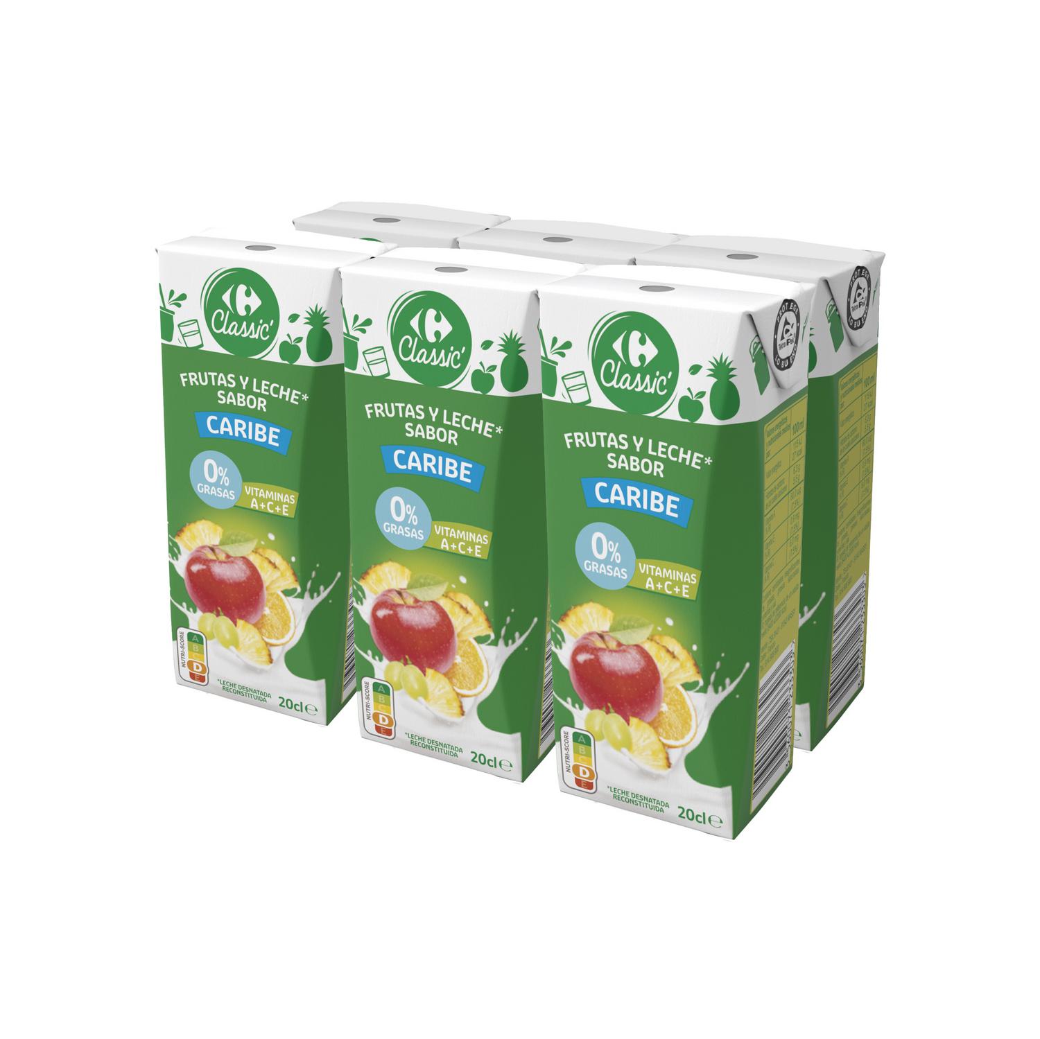 Alimento Bebida de frutas y leche sabor caribe 0% grasas Carrefour pack de 6minibrik de 200 ml. - imagen