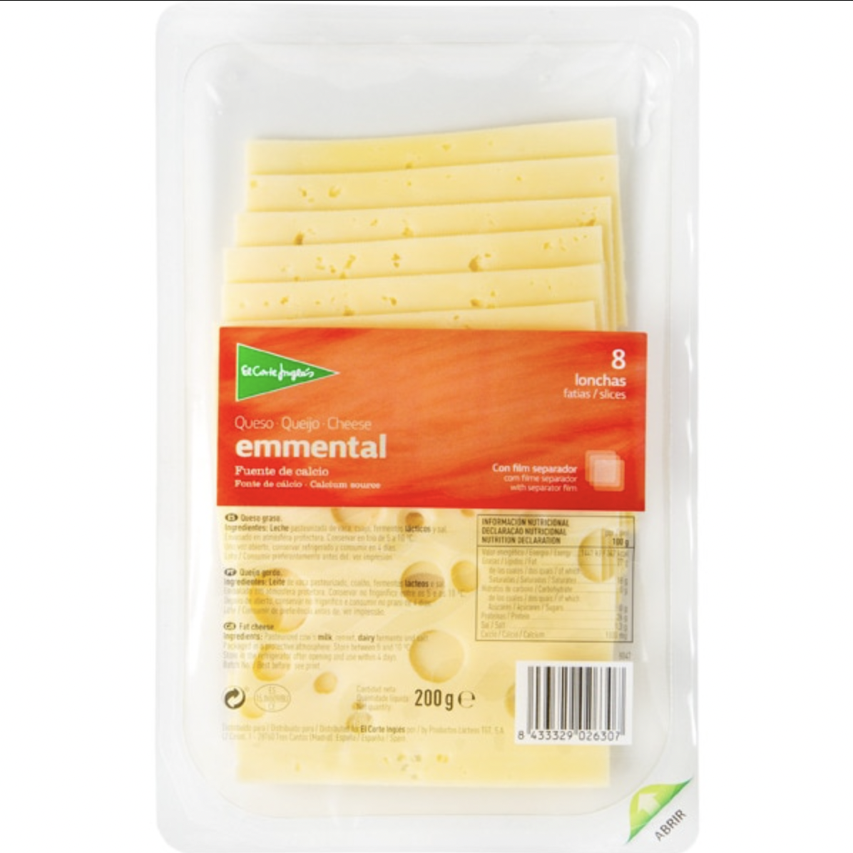 Alimento Queso Emmental de Vaca Elaborado con Leche Pasteurizada en lonchas  - imagen