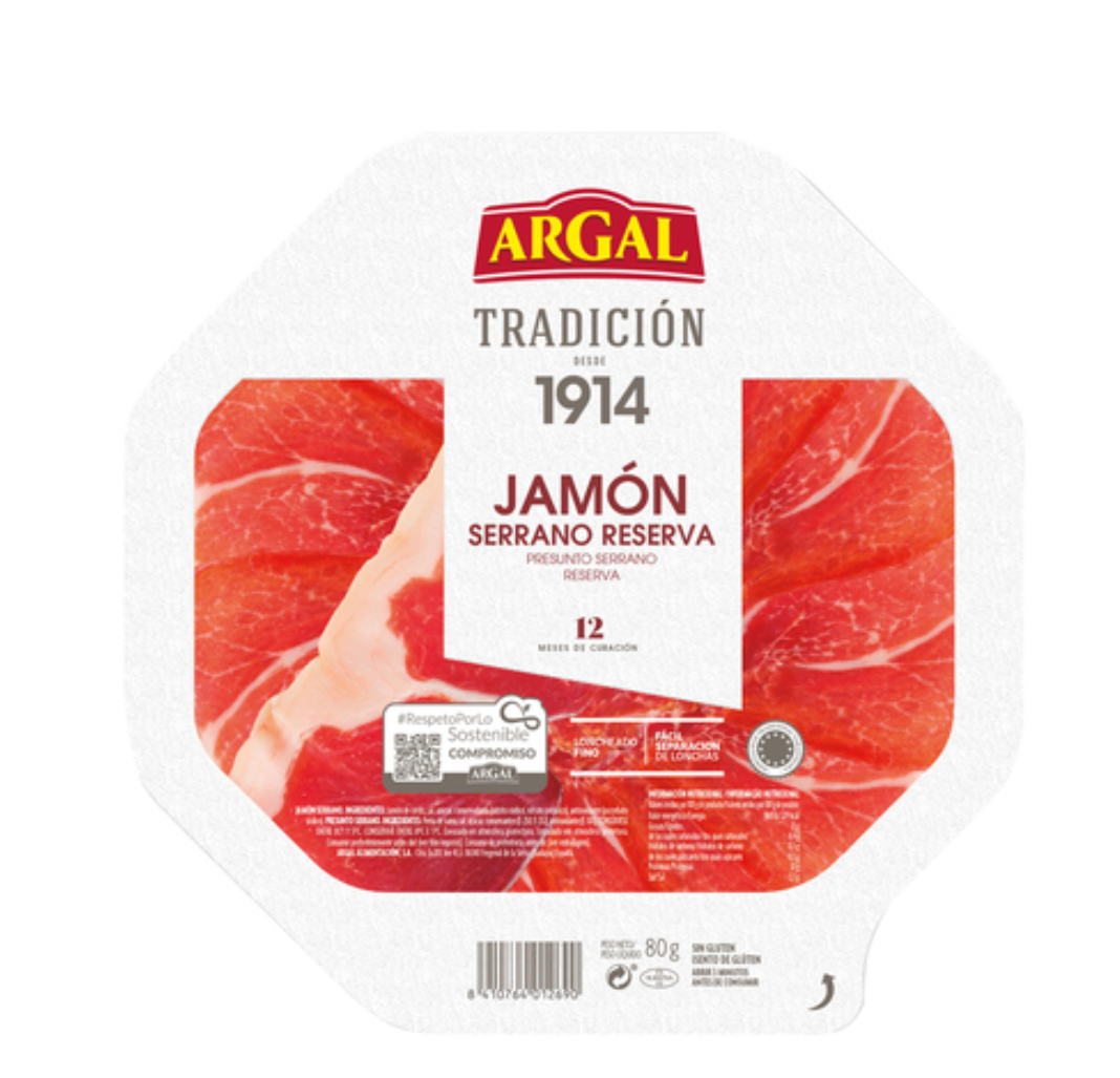 Alimento ARGAL Jamón serrano reserva (12 mesesde curación), cortado en lonchas muyfi nas ARGAL Tradición 80 g. - imagen