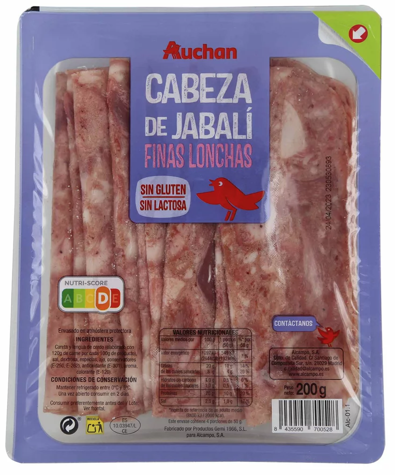Alimento Cabeza de jabalí cortada en finas lonchas - imagen