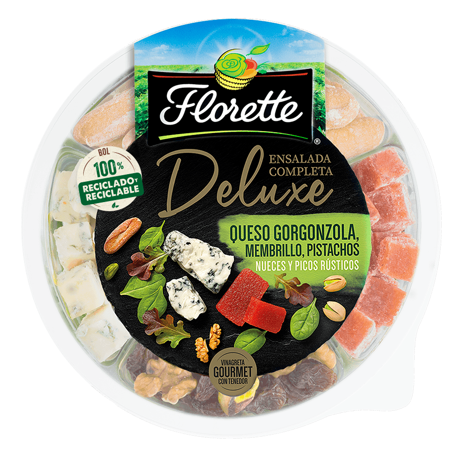 Alimento Ensalada completa deluxe con queso gorconzola, membrillo, pistachos, nueces y picos rusticos. Vinagreta balsámica de pera. - imagen