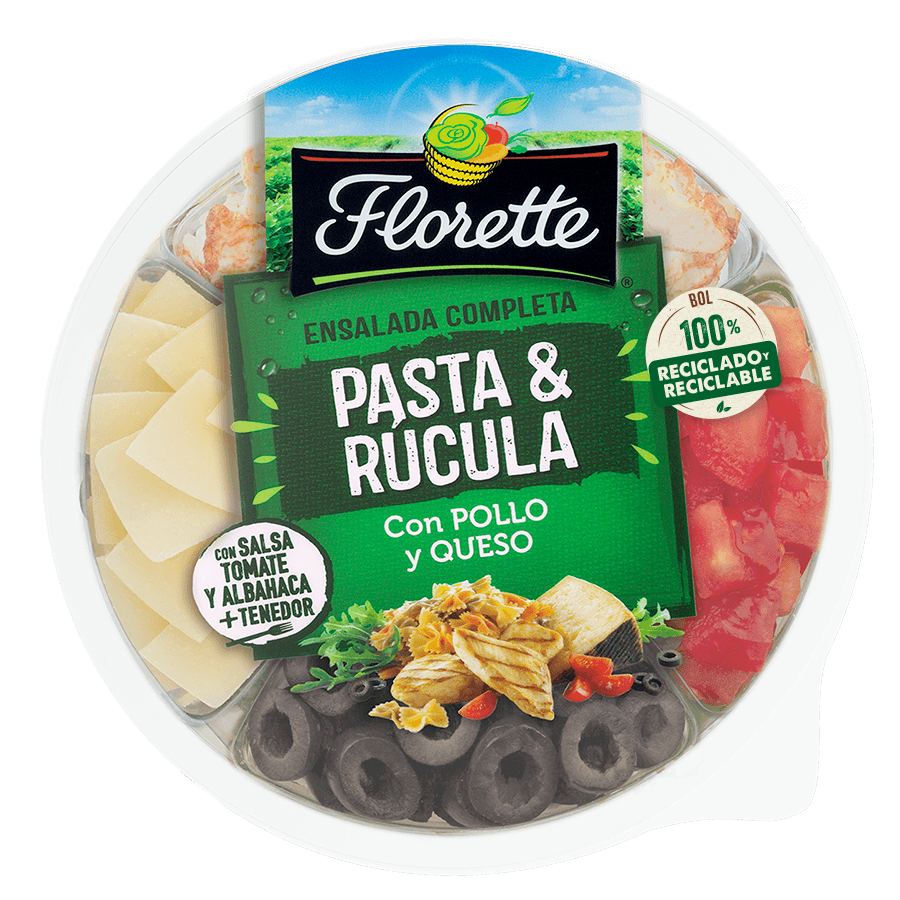 Alimento Ensalada completa pasta y rúcula con pollo y queso curado. Salsa tomate y albahaca - imagen